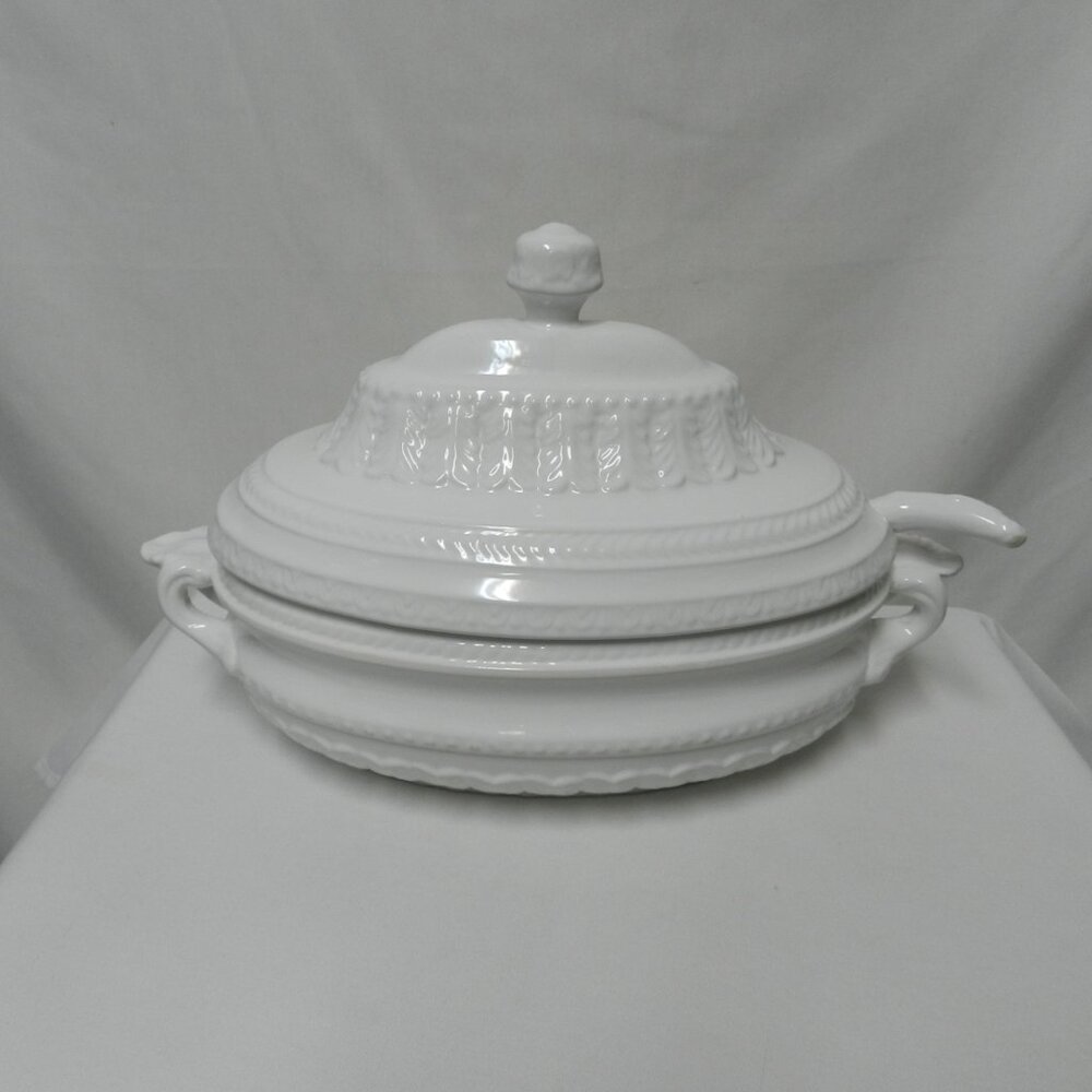 Tureen Large White w/Lid & Ladle made in Portugal handles Vintage ceramic soup